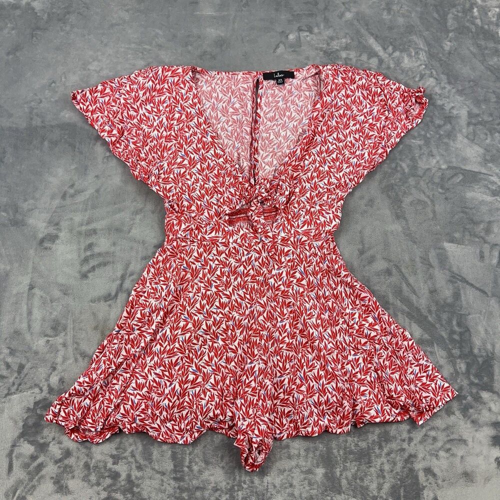 Lulus Dondi Romper Womens Sz XS Red White Leaf Print Tie Front Cottagecore